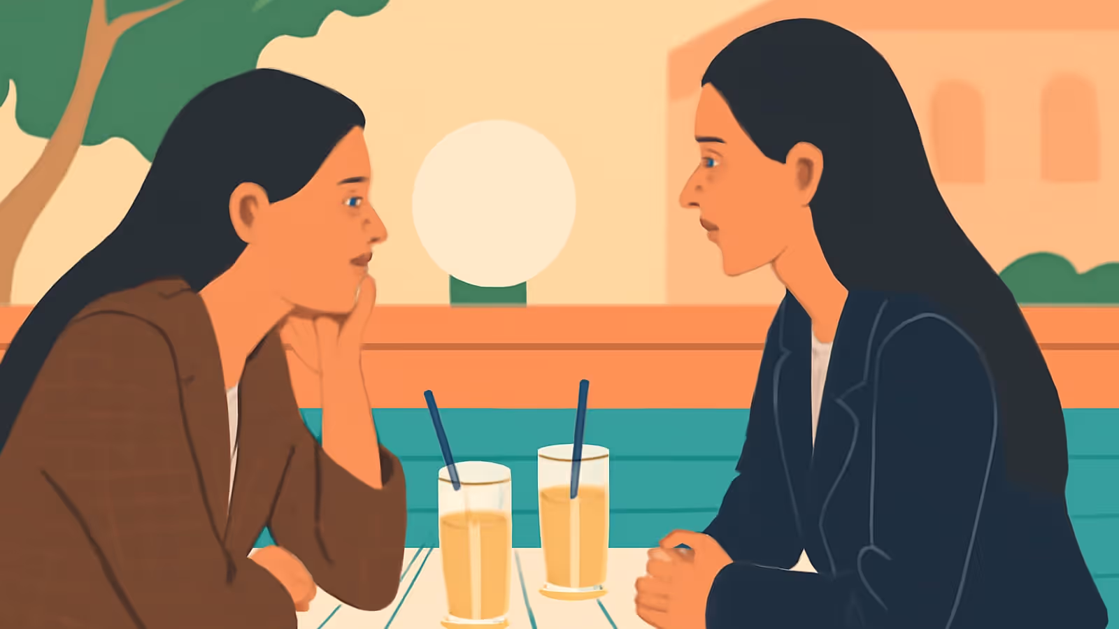 Flat vector illustration of two women with long dark hair facing each other across a small outdoor table with two glasses and straws, the woman on the left resting her chin on her hand.