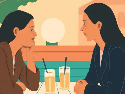 Flat vector illustration of two women with long dark hair facing each other across a small outdoor table with two glasses and straws, the woman on the left resting her chin on her hand.