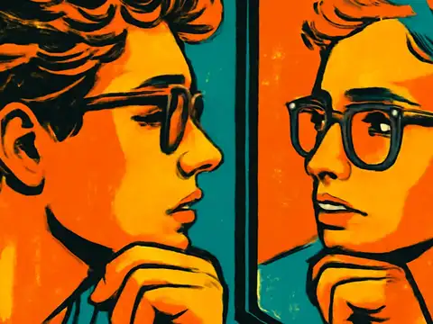 Pop-art illustration of a man in glasses looking at his own reflection in a mirror.