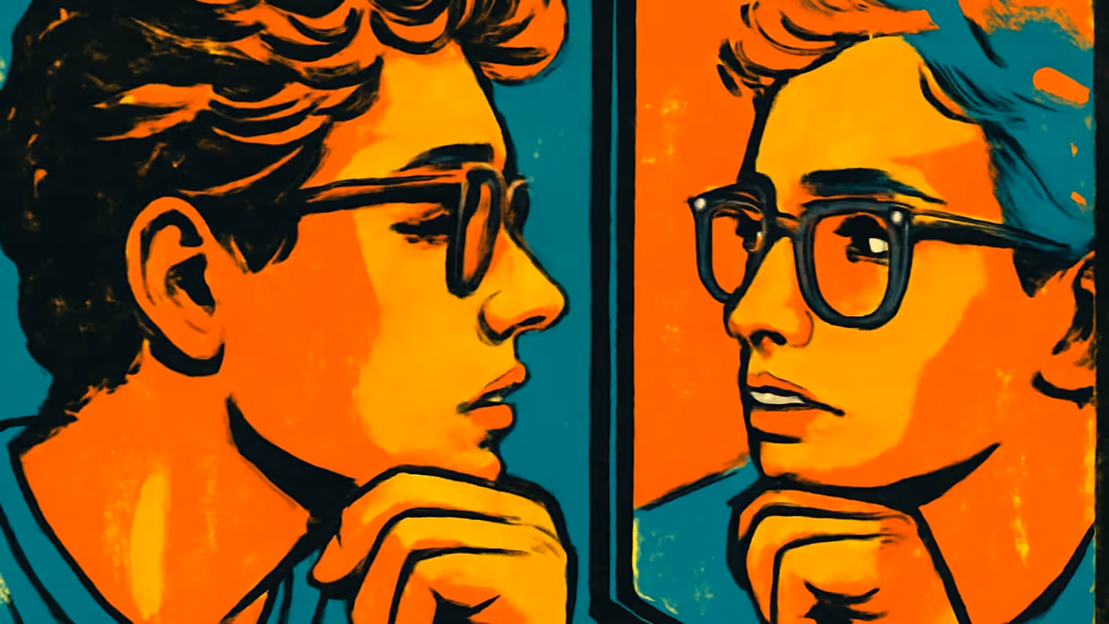 Pop-art illustration of a man in glasses looking at his own reflection in a mirror.