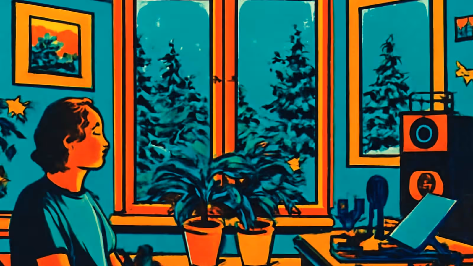 A person seen in profile beside tall windows, looking out at snow-covered conifers, with potted plants on the sill and a laptop on a desk to one side, rendered as a flat orange and teal illustration.