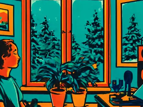 A person seen in profile beside tall windows, looking out at snow-covered conifers, with potted plants on the sill and a laptop on a desk to one side, rendered as a flat orange and teal illustration.