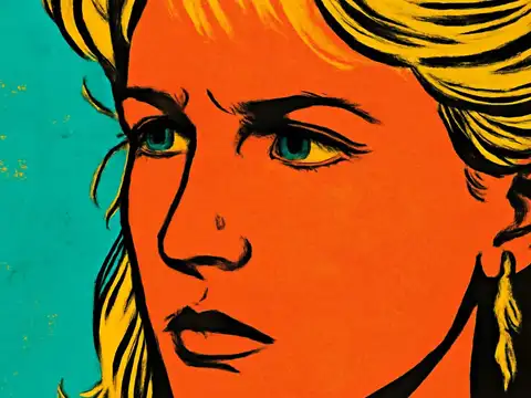 A close-up of a woman with blonde hair looking ahead with a furrowed brow, rendered as a flat orange and teal illustration.