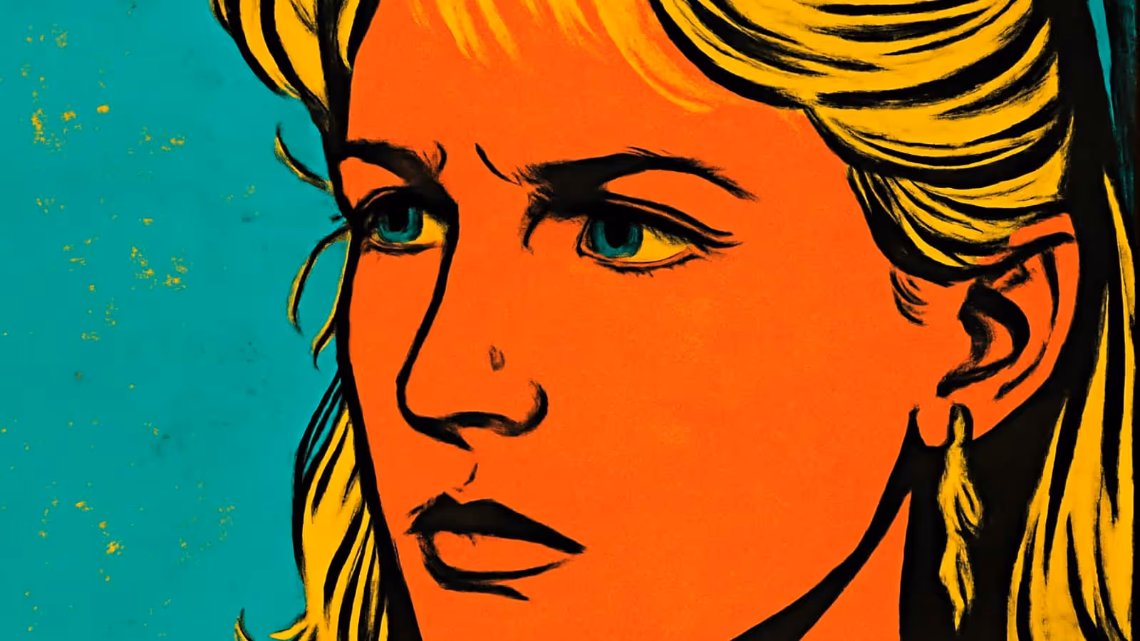 A close-up of a woman with blonde hair looking ahead with a furrowed brow, rendered as a flat orange and teal illustration.