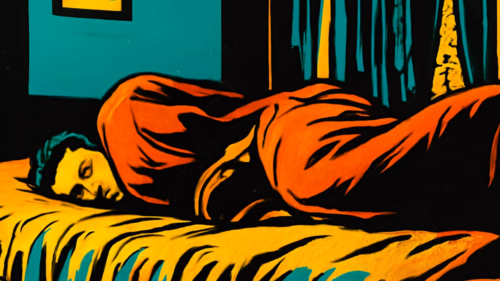 Pop-Art-Illustration einer Person, die auf der Seite in einem Bett in einem dunklen Raum liegt, mit dem Kopf auf einem Kissen und geschlossenen Augen, in Orange, Gelb und Türkis.