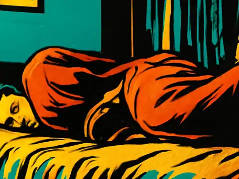 Pop-art illustration of a person lying on their side on a bed in a dark room, with their head on a pillow and eyes closed, in orange, yellow and teal.