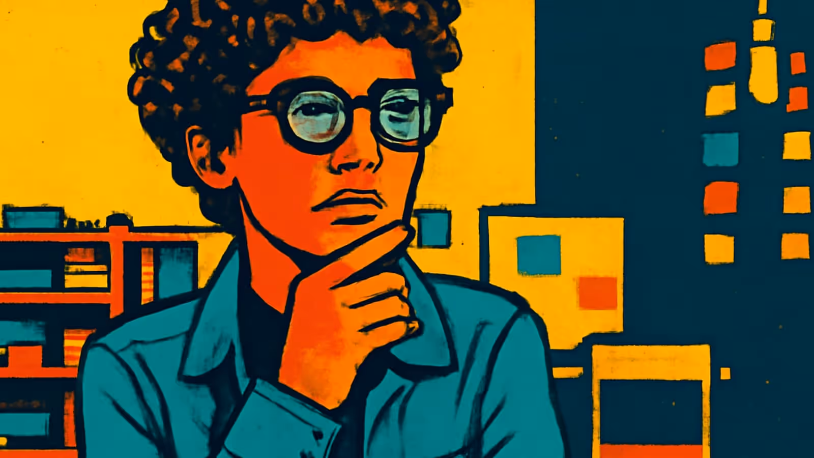 A person with curly hair and glasses resting a hand against their chin, looking upward past the camera, rendered as a flat yellow, orange and teal illustration.