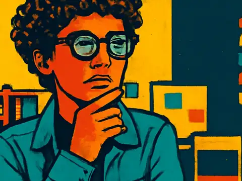 A person with curly hair and glasses resting a hand against their chin, looking upward past the camera, rendered as a flat yellow, orange and teal illustration.