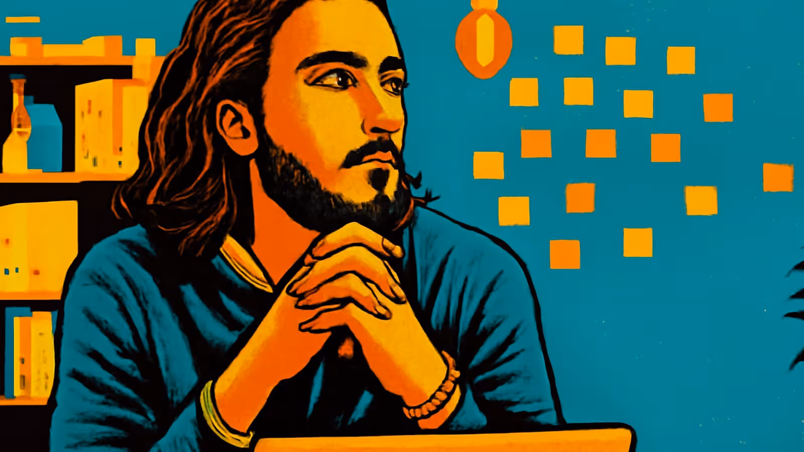 Ilustração em pop art de uma pessoa com cabelo longo e barba descansando o queixo em mãos entrelaçadas e olhando para um lado, contra uma parede teal com quadrados laranja espalhados.