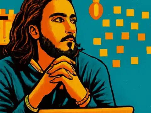 Pop-art illustration of a person with long hair and a beard resting their chin on clasped hands and looking off to one side, against a teal wall with scattered orange squares.