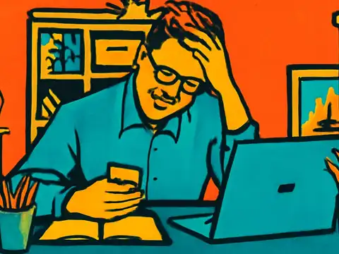 Pop-art illustration of a man at a desk with one hand in his hair, looking at his phone beside an open laptop.