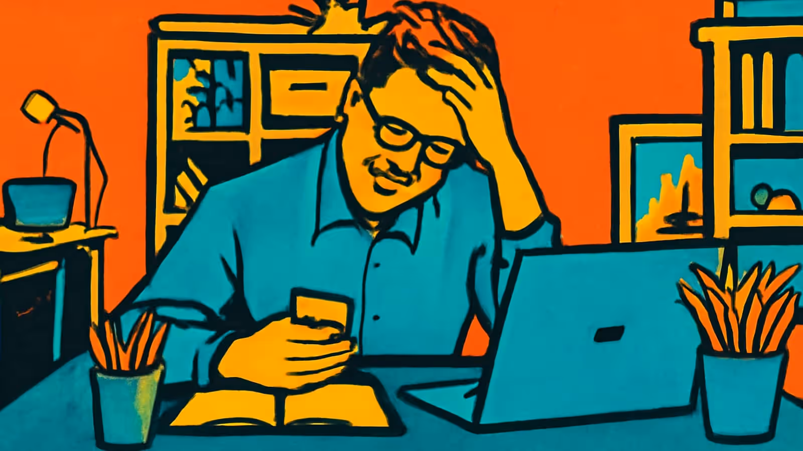 Pop-Art-Illustration eines Mannes an einem Schreibtisch, der mit einer Hand in seinen Haaren sitzt und auf sein Handy schaut, neben einem offenen Laptop.