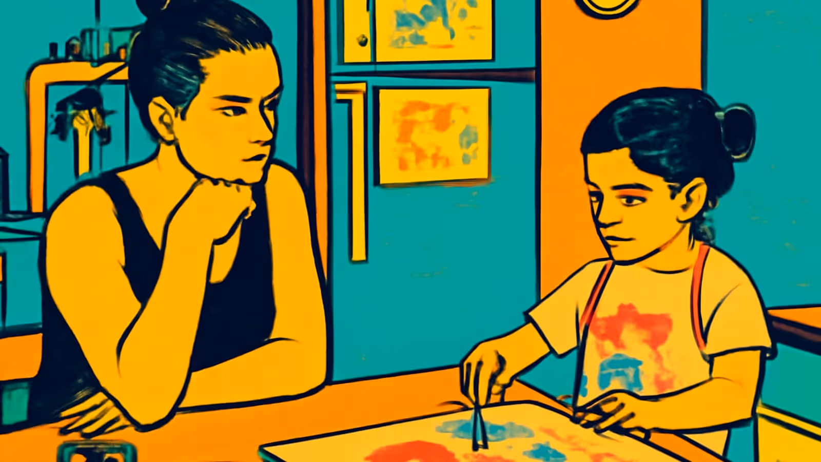 Pop-art illustration of an adult resting their chin on one hand at a kitchen table, watching a child paint on a sheet of paper.