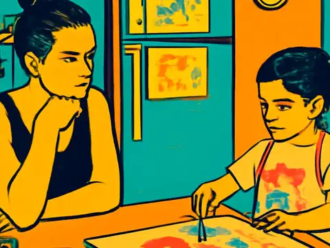 Pop-art illustration of an adult resting their chin on one hand at a kitchen table, watching a child paint on a sheet of paper.