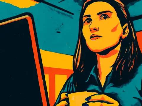 Pop-art illustration of a woman holding a mug in both hands at a desk, looking up and away past the edge of an open laptop.