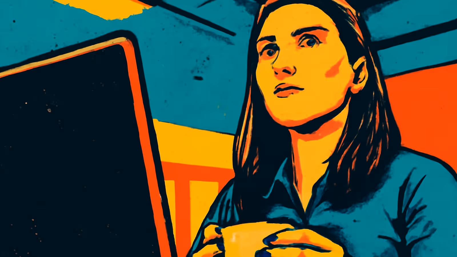Pop-art illustration of a woman holding a mug in both hands at a desk, looking up and away past the edge of an open laptop.