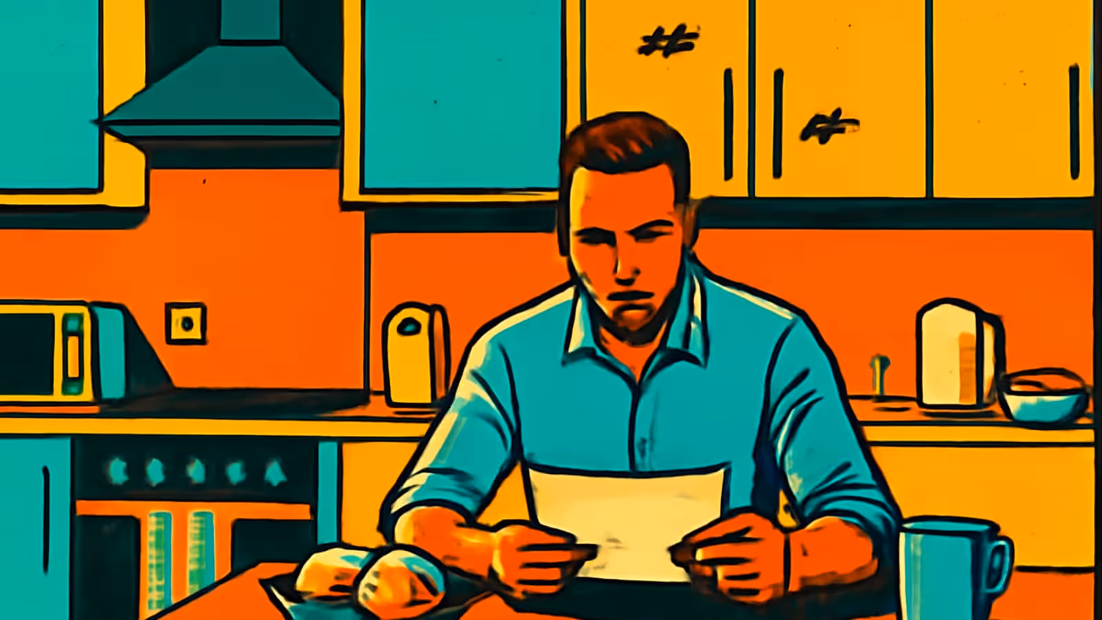 Pop-art illustration of a man sitting at a kitchen table reading a sheet of paper, with cupboards and a mug behind him.
