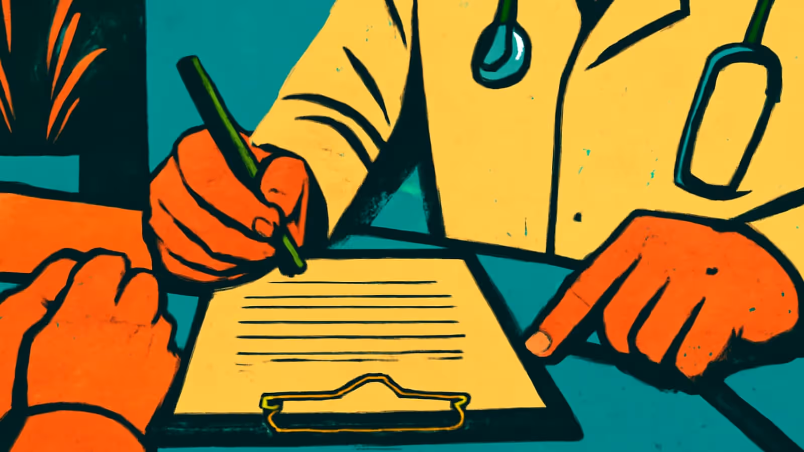 Pop-art illustration of two people's hands at a desk over a clipboard, one writing with a pen and one pointing at the form, beside a clinician in a pale coat with a stethoscope.