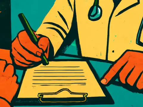 Pop-art illustration of two people's hands at a desk over a clipboard, one writing with a pen and one pointing at the form, beside a clinician in a pale coat with a stethoscope.