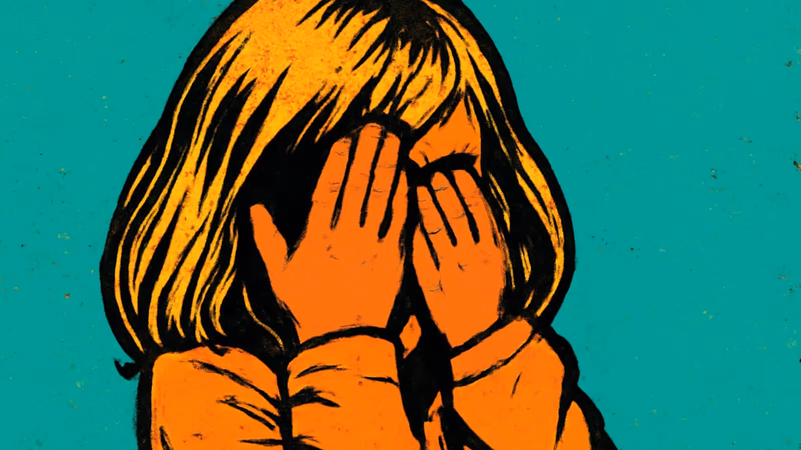 A child with a fringe covering their face with both hands, rendered as a flat orange and teal illustration.