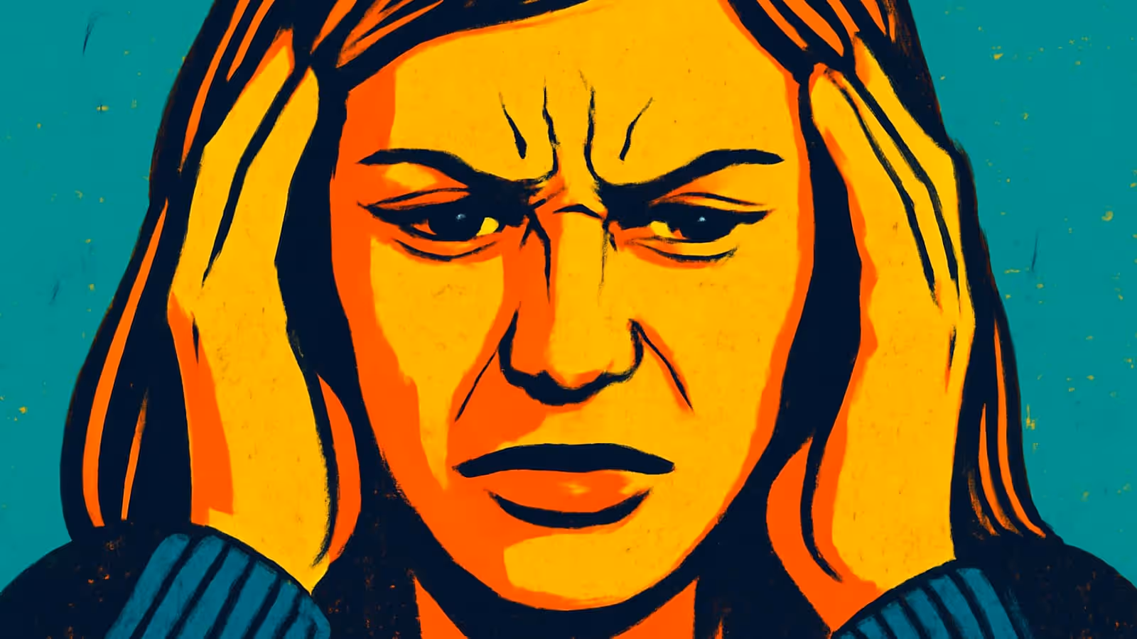 Pop-art illustration of a person pressing both hands to the sides of their head with brows drawn together, against a flat green background.