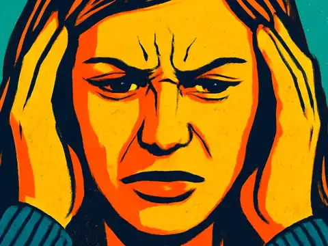 Pop-art illustration of a person pressing both hands to the sides of their head with brows drawn together, against a flat green background.