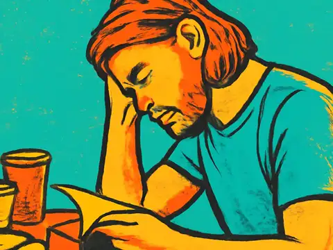 Pop-art illustration of a person leaning on one hand at a table, looking down at papers in front of them.