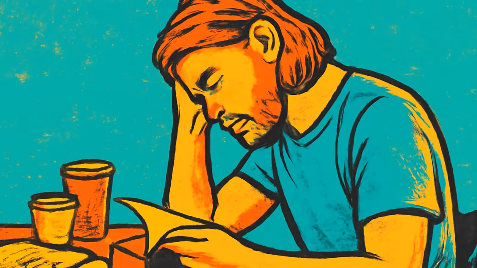 Pop-art illustration of a person leaning on one hand at a table, looking down at papers in front of them.