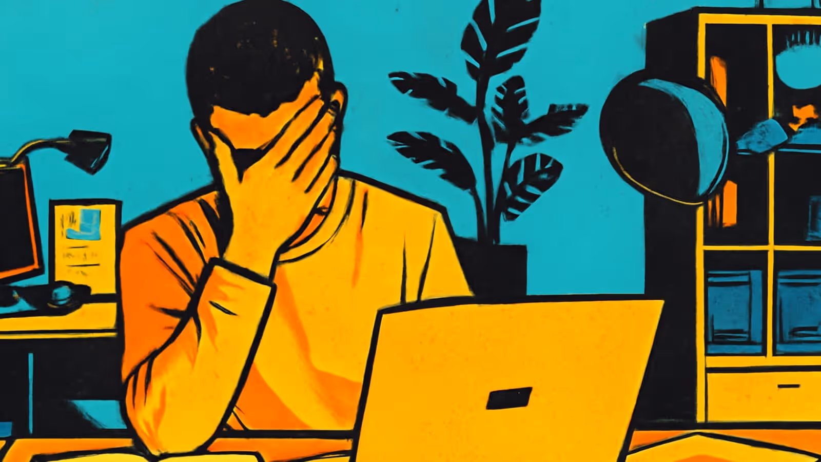 Illustration pop-art d'un homme assis à un bureau avec un ordinateur portable, se couvrant le visage d'une main, en orange et en bleu-vert.