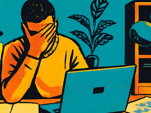Pop-art illustration of a man at a cluttered desk, head propped on one hand.