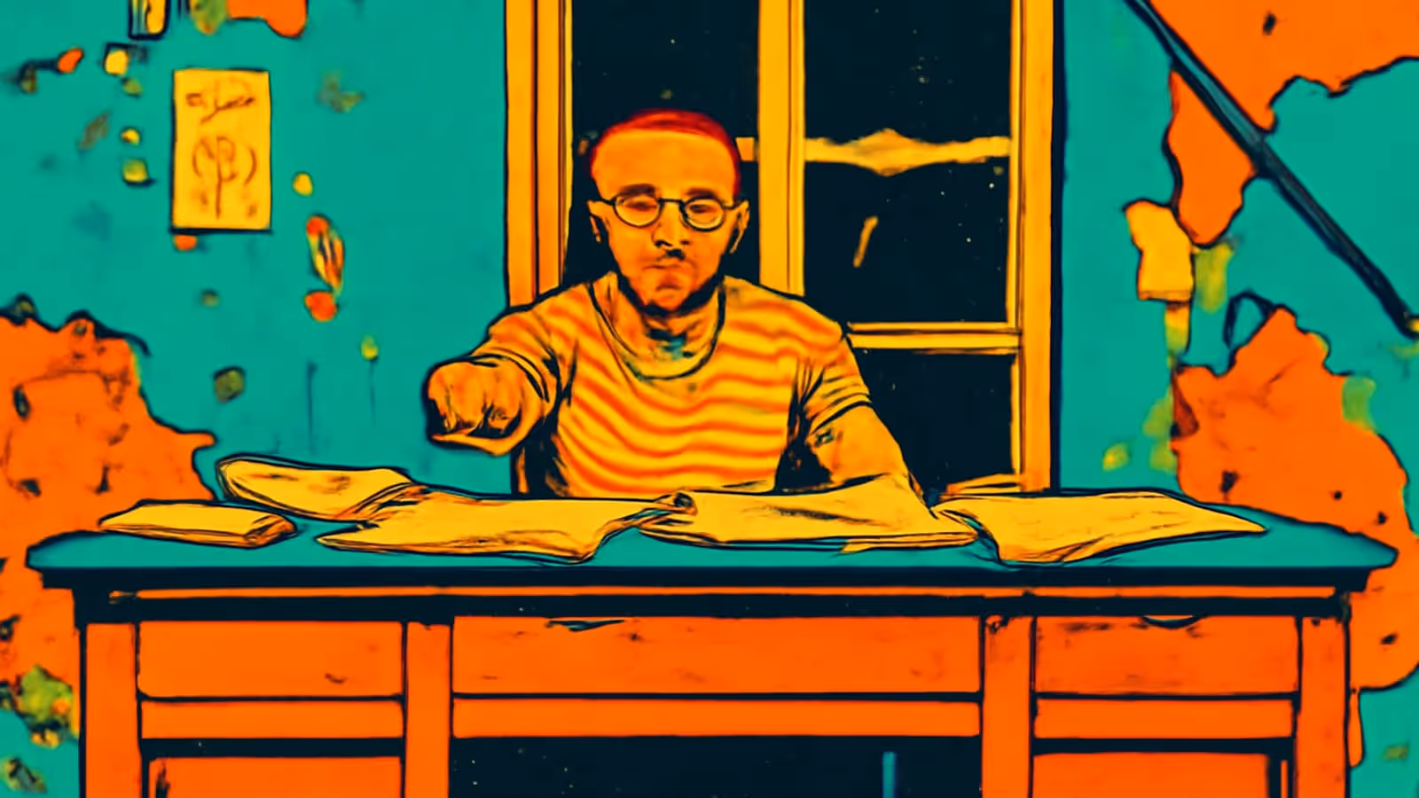Flat pop-art illustration in teal, orange and yellow. A person in glasses and a striped top sits behind a desk strewn with loose papers and an open notebook, one arm resting forward, a window behind them.