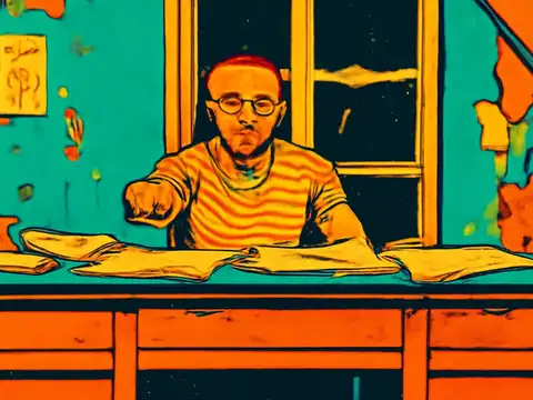 Flat pop-art illustration in teal, orange and yellow. A person in glasses and a striped top sits behind a desk strewn with loose papers and an open notebook, one arm resting forward, a window behind them.