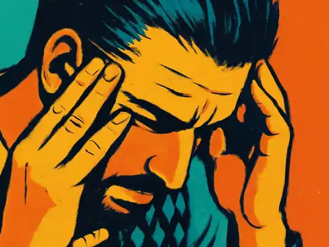Pop-art illustration in close-up of a bearded man with both hands pressed to his temples and his eyes closed.