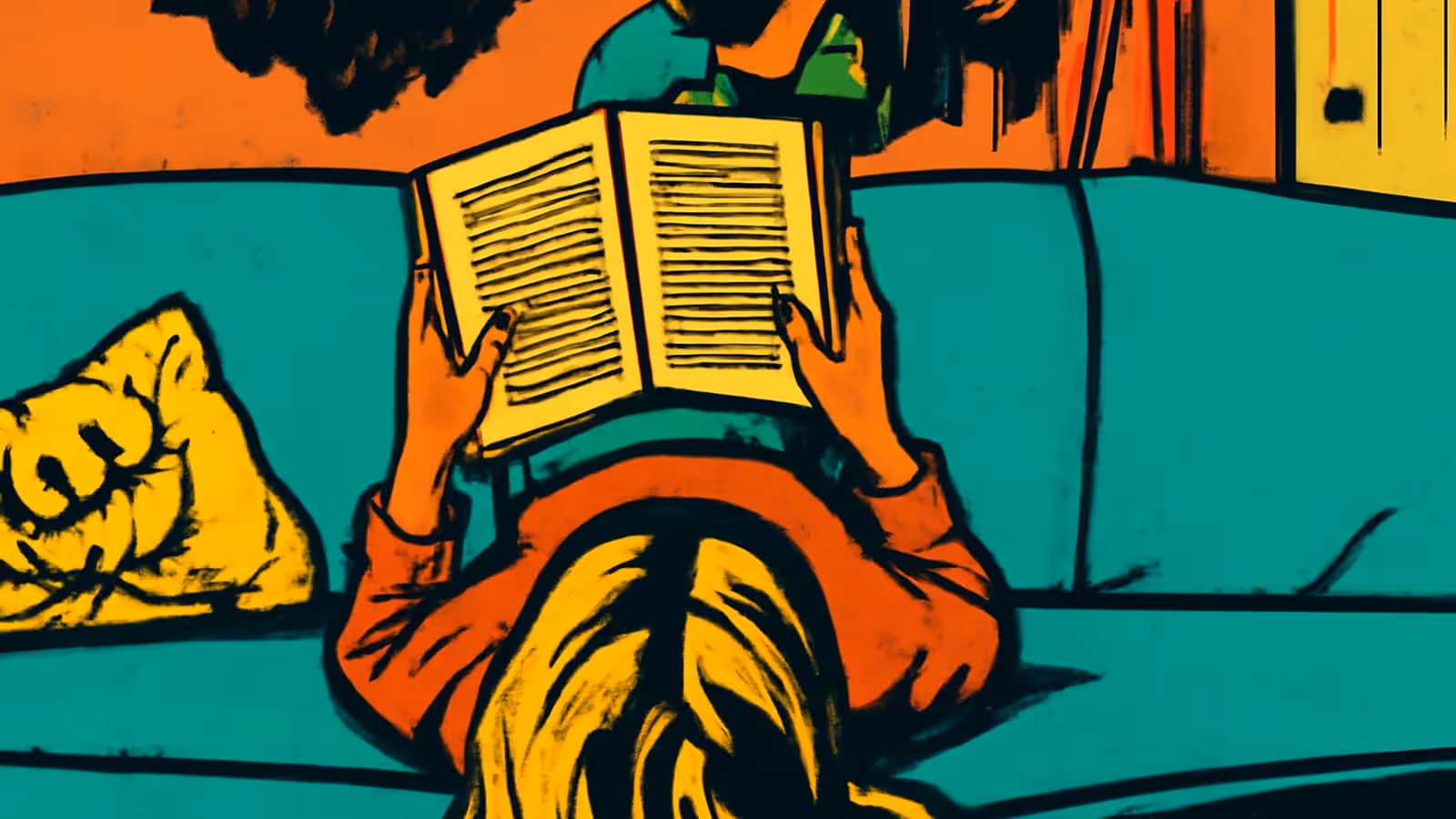 Pop-art illustration of a person lying on a couch reading an open book held above their head, in orange and teal.