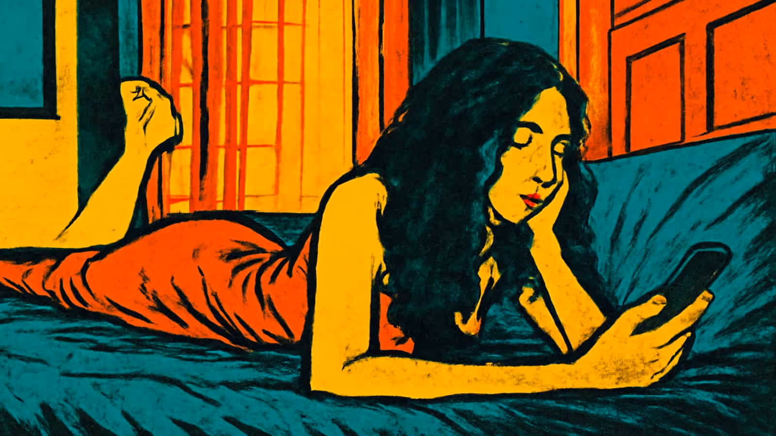 Una mujer acostada en una cama, apoyada en un codo, mirando un teléfono que sostiene en su mano, representada como una ilustración plana en tonos naranja, amarillo y teal.