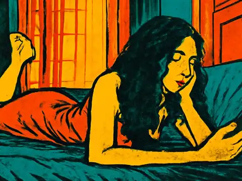 A woman lying on a bed propped on one elbow, looking at a phone held in her hand, rendered as a flat orange, yellow and teal illustration.