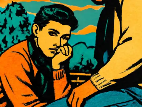 Two people sitting close together on a bench outdoors with trees behind them, one resting a hand near their face and looking away, rendered as a flat orange and teal illustration.