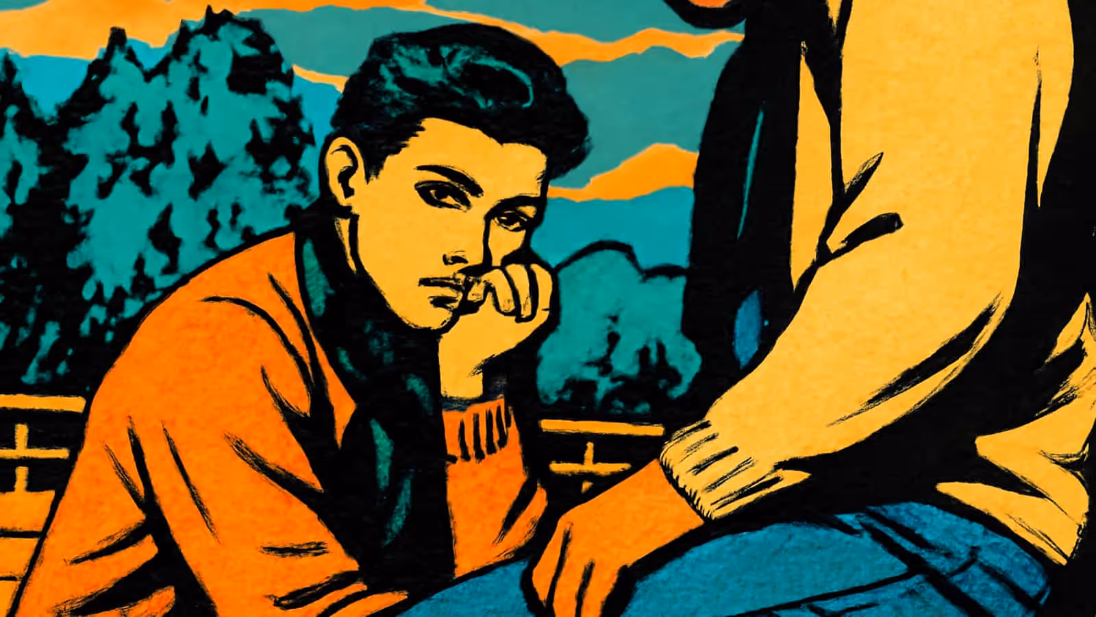 Two people sitting close together on a bench outdoors with trees behind them, one resting a hand near their face and looking away, rendered as a flat orange and teal illustration.