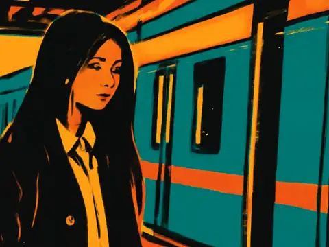 Pop-art illustration of a person with long dark hair standing on a platform beside a teal and orange train, looking away from the camera.