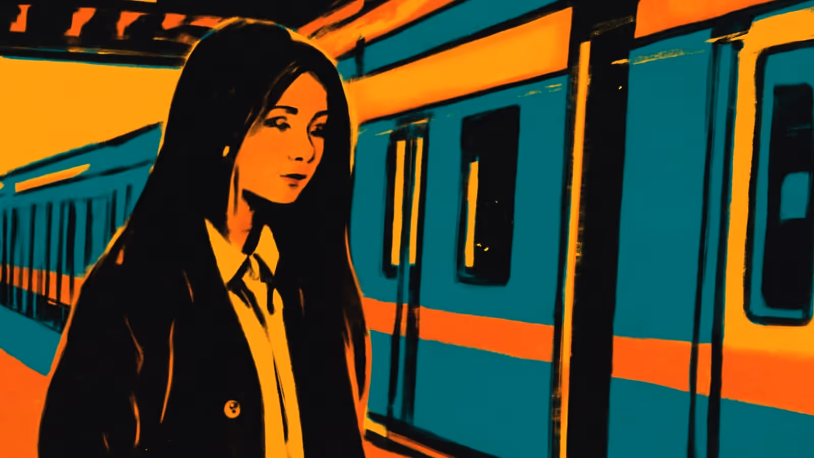 Pop-art illustration of a person with long dark hair standing on a platform beside a teal and orange train, looking away from the camera.