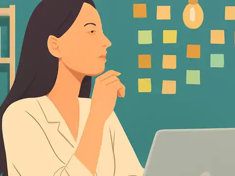 Flat vector illustration of a woman at a desk with a laptop, hand raised to her chin, looking away from the screen, with sticky notes on the wall behind her.