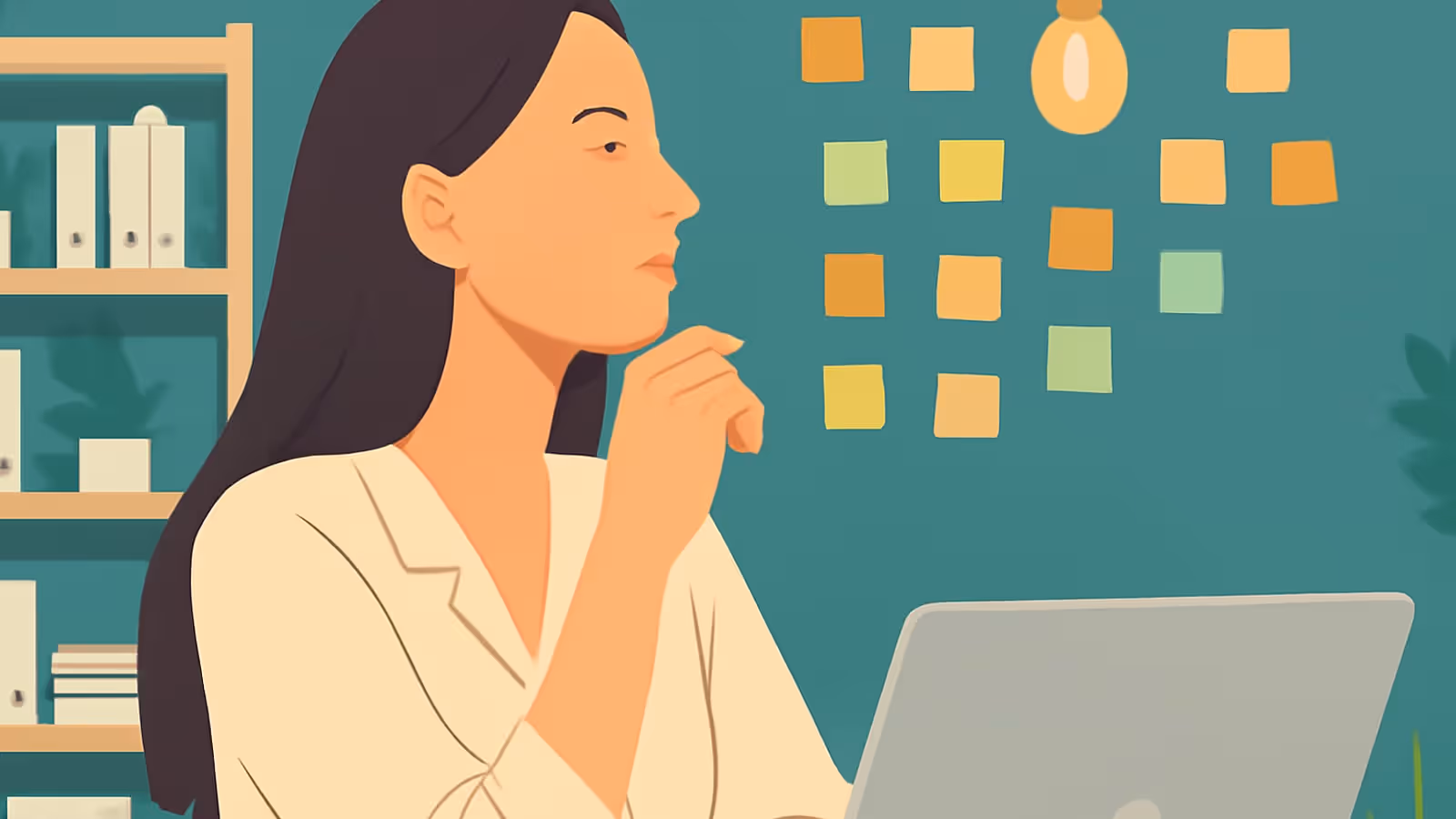 Flat vector illustration of a woman at a desk with a laptop, hand raised to her chin, looking away from the screen, with sticky notes on the wall behind her.
