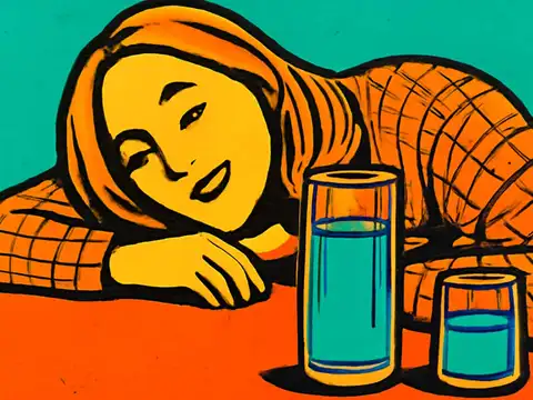Pop-art illustration of a person resting their head on their arms on a table, beside two glasses of water.