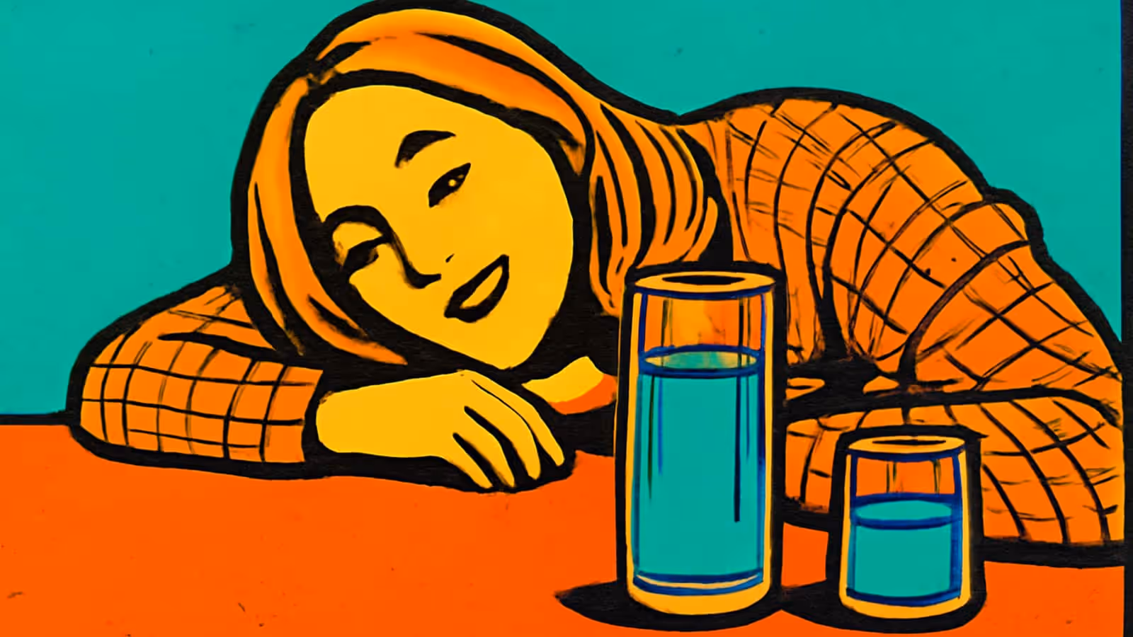 Pop-art illustration of a person resting their head on their arms on a table, beside two glasses of water.