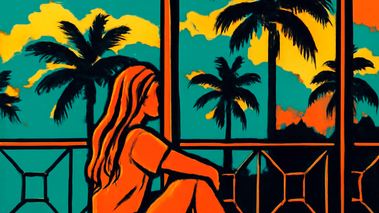 A person with long hair sitting on a balcony with their knees drawn up, looking out past a railing at palm trees against a green sky, rendered as a flat orange and teal illustration.