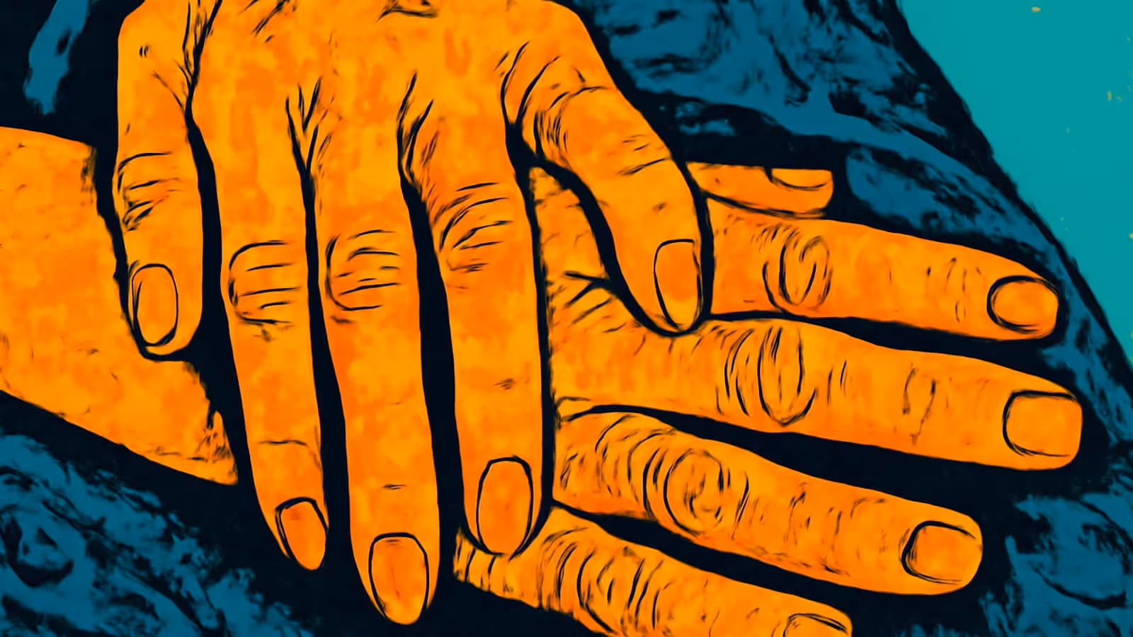 A close-up of two aged hands resting one over the other, rendered as a flat orange and teal illustration.