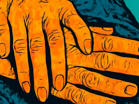 A close-up of two aged hands resting one over the other, rendered as a flat orange and teal illustration.