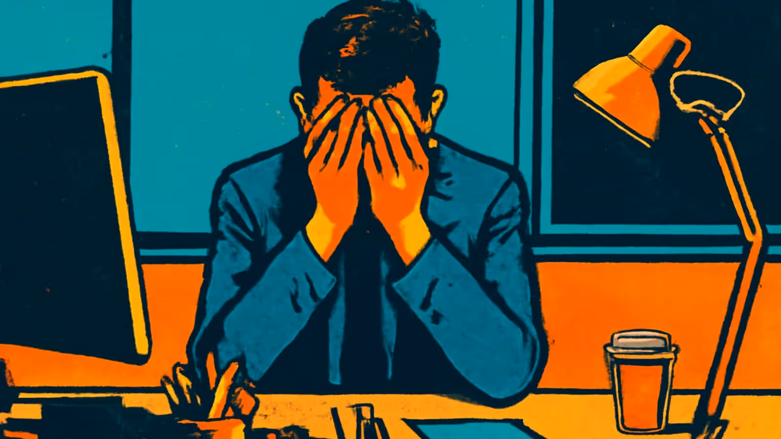 Pop-art illustration of a person at an office desk with both hands covering their face, a monitor and desk lamp beside them.