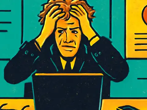 Pop-art illustration of a man at a desk with both hands gripping his head in frustration.