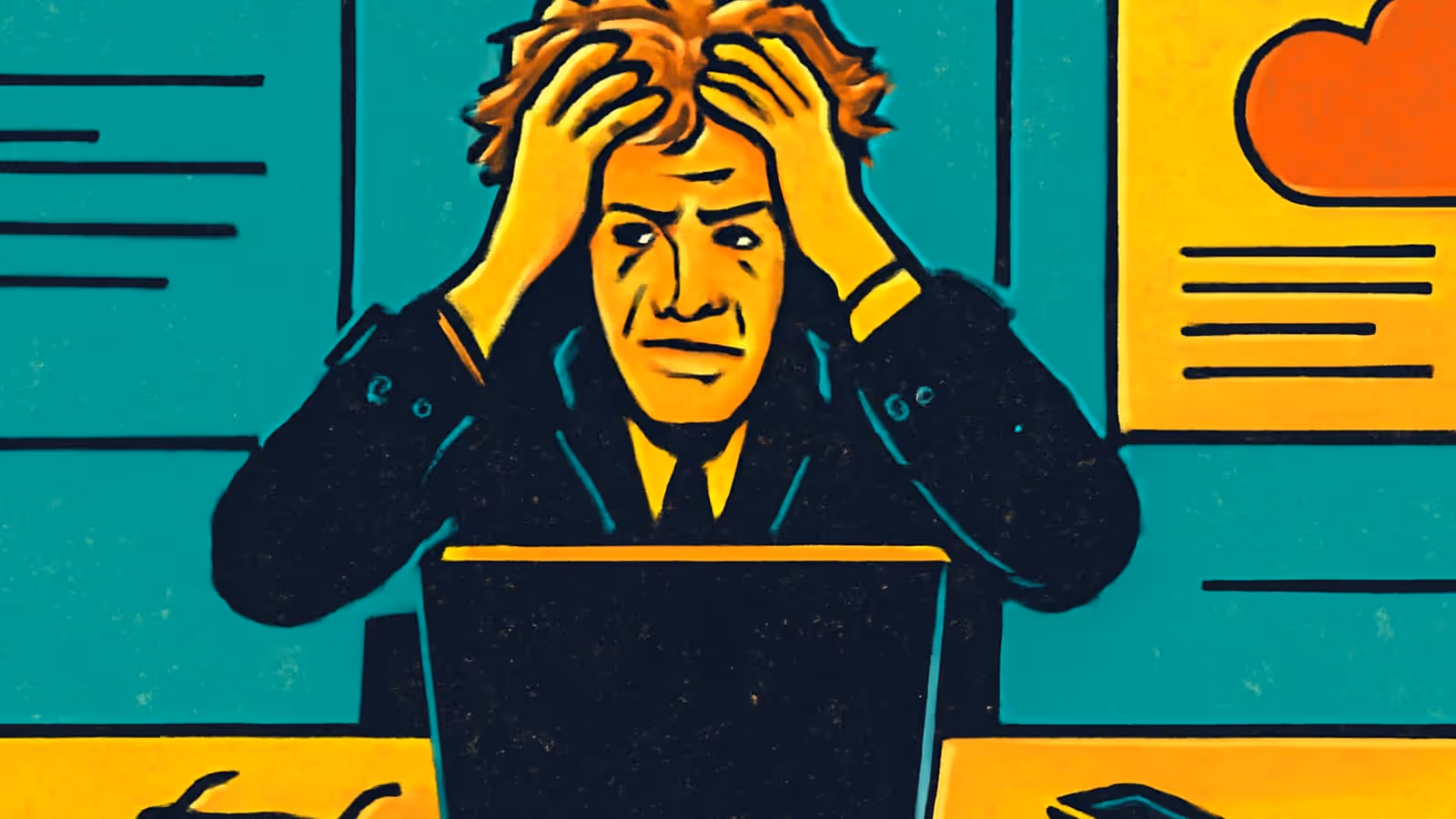 Pop-art illustration of a man at a desk with both hands gripping his head in frustration.